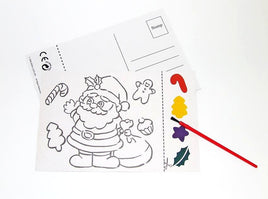 6er Set Weihnachtskarten zum Selbstbemalen, mit roten Pinsel und 4 Farbklecksen in Rot, Gelb, Blau, Grün, Motiv zeigt Weihnachtsmann mit kleinen Symbolen: Zuckerstange, Lebkuchenmann, Cup Cake, Tanne