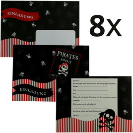 8er Set Einladungskarten Kindergeburtstag "Pirates only" mit Kuvert in den Farben: Schwarz, Rot-Weiß gestreift mit Totenköpfen und vorgeschriebenen Einladungstextbausteinen