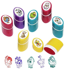 8 ovale selbstfärbende Stempel mit Tiermotiven in den Stempelfarben: Grün, Blau, Lila und Rot, Tiere sind zum Beispiel: Hase, Kuh, Pferd und Schaf