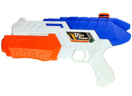 Aqua Fun Wasserspritzpistole mit blauen Wassertank, orangenen Schnellladegriff, weißes Gestell