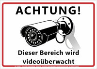 Aufkleber Achtung! Dieser Bereich wird videoüberwacht mit Bild einer Überwachungskamera
