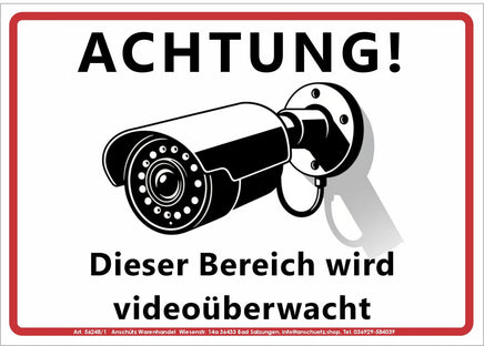 Aufkleber Achtung! Dieser Bereich wird videoüberwacht mit Bild einer Überwachungskamera