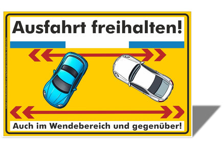 Ausfahrt freihalten! Auch im Wendebereich und gegenüber! Schild in gelb 