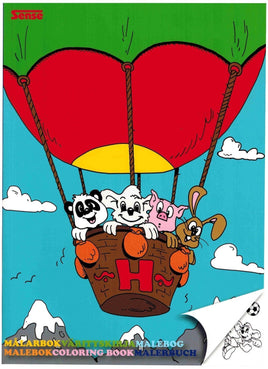 Ausmalbuch "Hector und seine Freunde" in A4, Titelbild: Koala, Panda,Schwein und Hase in Heißluftballon