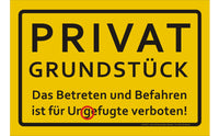 B-Ware Hinweisschild Privat Grundstück A4, mit markierten Fehler, gelber Hintergrund, schwarze Schrift