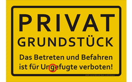 B-Ware Hinweisschild Privat Grundstück A4, mit markierten Fehler, gelber Hintergrund, schwarze Schrift