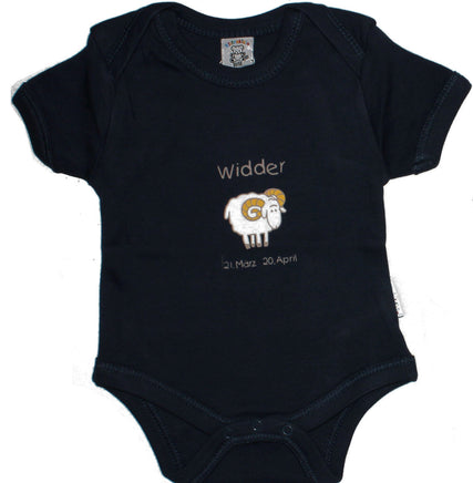 Baby Body mit Sternzeichen Widder 50/56 in dunkelblau mit Bild und Schriftzug