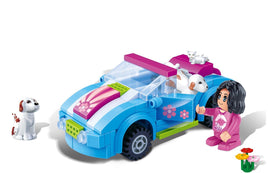 Banbao Klemmbausteine Cabrio Set 118-teilig, blaues Cabrio mit Mädchen, 2 Hunden, 1 Katze, 1 Pflanze