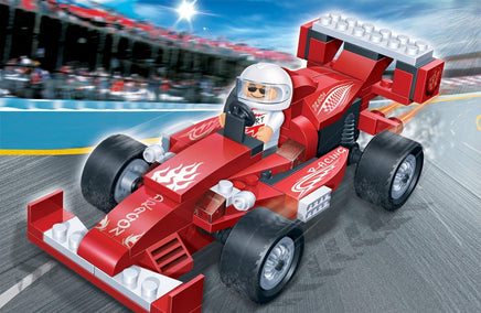Banbao Klemmbausteine Rennauto Dragon in Rot mit weißen Details, mit Rennfahrer