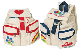 Baumwoll- Kinderrucksack zum Bemalen in naturfarben mit roten oder blauen Reißverschlüssen