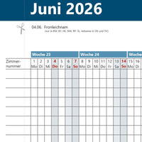 Belegungskalender 2026 A4 mit Platz für 30 Zimmernummern