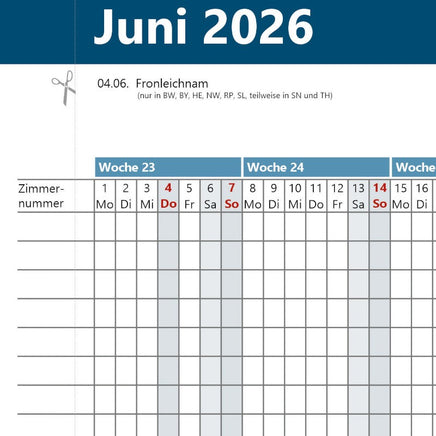 Belegungskalender 2026 A4 mit Platz für 30 Zimmernummern