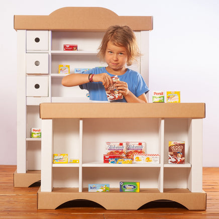 Calashop- bemalbarer Kaufmannsladen mit Theke und Regal, inklusive 20 bunter Verkaufsverpackungen