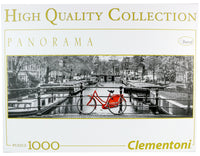Clementoni Breitformat Panorama Puzzle 1000 Teile Städte Amsterdam in Schwarz-Weiß mit rotem Fahrrad