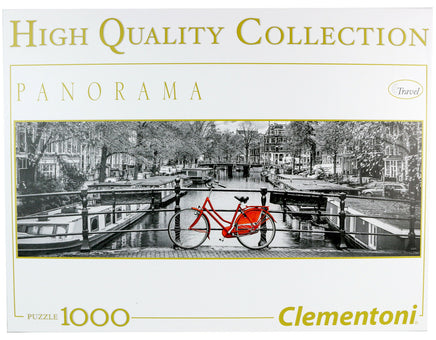 Clementoni Breitformat Panorama Puzzle 1000 Teile Städte Amsterdam in Schwarz-Weiß mit rotem Fahrrad