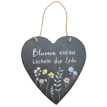 Dekoherz aus Schiefer mit Spruch: Blumen sind das Lächeln der Erde