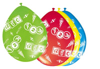 Dekoration zum Schulanfang, Luftballons in den Farben Hellgrün, Rot, Blau, Gelb mit Aufdruck 123 abc sowie Bonbons und Zuckertüten