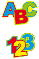 Dekoration zum Schulanfang, Streudeko in den Varianten: "ABC" und "123", Farben: Hellblau, Rot, Gelb, Hellgrün
