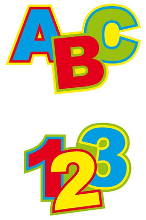 Dekoration zum Schulanfang, Streudeko in den Varianten: "ABC" und "123", Farben: Hellblau, Rot, Gelb, Hellgrün