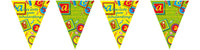Dekoration zum Schulanfang, Wimpelkette mit Schriftzug "Alles Gute zum Schulfanfang" mit Motiv: Stifte, Zahlen, Buchstaben, Süßigkeiten in den Farben Gelb-Hellgrün
