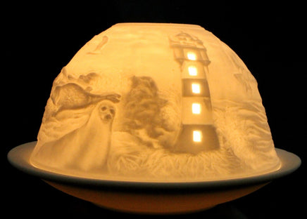 Dome-Light Porzellan Windlicht mit Motiv: Leuchtturm und Meer