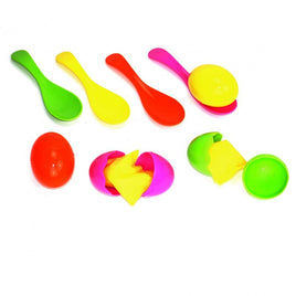 Eierlaufen Spiel mit 4 Löffel + Eier & Eigelb, in den Farben: Hellgrüb, Rot, Gelb, Pink