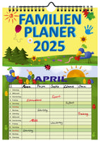 Familienplaner 2025 mit 5 Spalten im A4 Format, Deckblatt farbenfroh gestaltet mit lustigen Vogel