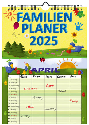 Familienplaner 2025 mit 5 Spalten im A4 Format, Deckblatt farbenfroh gestaltet mit lustigen Vogel