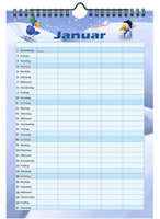 Familienplaner 2026 mit 5 Spalten im A4 Format, Vorschau Januar, Vogel fährt Ski