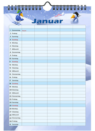 Familienplaner 2026 mit 5 Spalten im A4 Format, Vorschau Januar, Vogel fährt Ski