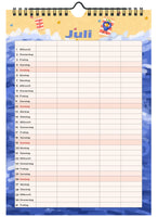 Familienplaner 2026 mit 5 Spalten im A4 Format, Vorschau Juli, Vogel liegt am Strand und sonnt sich