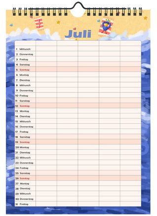 Familienplaner 2026 mit 5 Spalten im A4 Format, Vorschau Juli, Vogel liegt am Strand und sonnt sich