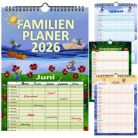 Familienplaner 2026 mit 5 Spalten im A4 Format, farbenfroh gestaltet mit unternehmungslustigen Vogel