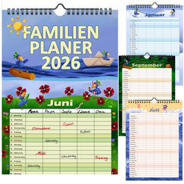 Familienplaner 2026 mit 5 Spalten im A4 Format, farbenfroh gestaltet mit unternehmungslustigen Vogel
