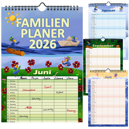 Familienplaner 2026 mit 5 Spalten im A4 Format, farbenfroh gestaltet mit unternehmungslustigen Vogel