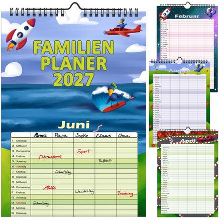 Familienplaner 2027 mit verschiedenen Monatsblättern zur Ansicht