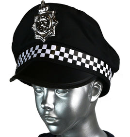 Faschingshut Polizeimütze England, mit karierten Band und Polizei Emblem, schwarzer Stoff