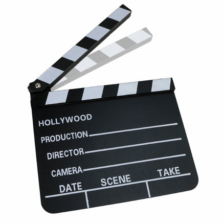 Filmklappe mit Feldern für Production, Director, Carema, Date, Scene und Take zum selbst Beschriften