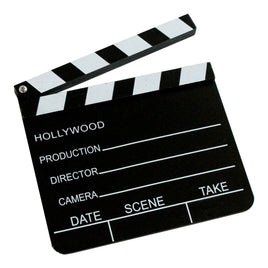 Filmklappe "Hollywood" 20x18cm, Schwarz-Weiß zum Klappen, mit Aufschriften: Hollywood, Production, Director, Camera, Date, Scene, Take