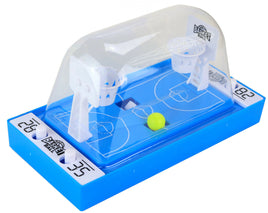 Finger- Basketball- Spiel für den Tisch, blaues Spielfeld, neongelber Ball, weiße Körbe, durchsichtige Kuppel