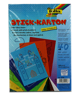 Folia Stickkarton farbig mit Motiven in verschiedenen Farben, zum Beispiel: Hellblau, Orange, Rot, Gelb