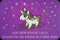 Fußmatte mit lustigem Spruch "Auf dem Boden liegt eindeutig zu wenig Glitzer rum" Lila mit Einhorn und Sternen