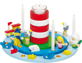 Geburtstagskranz aus Holz "Leuchtturm", maritim gestaltet mit Möwe, Fischen, Schaf, Angler, Mädchen, Boot