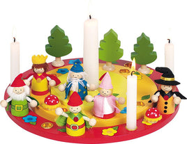 Geburtstagskranz aus Holz "Wichtel", mit Bäumen und Märchenfiguren: Hexe, Zauberer, Fee, Prinz, Wichtel
