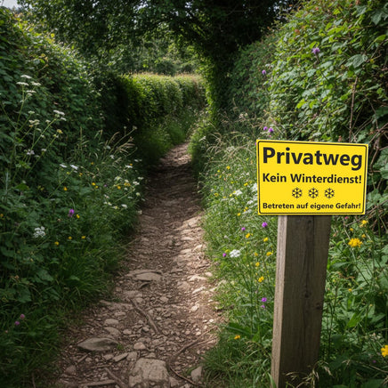 Gelbes Schild Privatweg Kein Winterdienst Betreten auf eigene Gefahr A4 in Anwendung an einem Weg