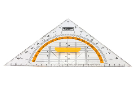 Geodreieck in 2 Größen wählbar, 22cm, transparent mit orangenen Bogen und gelben Griff