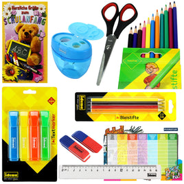 Geschenk- Set zur Einschulung für Zuckertüte mit Textmarker, Radiergummi, Lineal, Stundenplan, Buntstifte, Bleistifte, Schere, Spitzer und Schuleinführungskarte