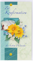 Glückwunschkarte zur Konfirmation mit Blumenmotiv, Chrysantheme gelb mit blauen Hintergrund