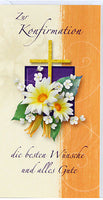 Glückwunschkarte zur Konfirmation mit Blumenmotiv, Chrysantheme weiß mit oranegenen Hintergrund