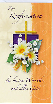 Glückwunschkarte zur Konfirmation mit Blumenmotiv, Chrysantheme weiß mit oranegenen Hintergrund